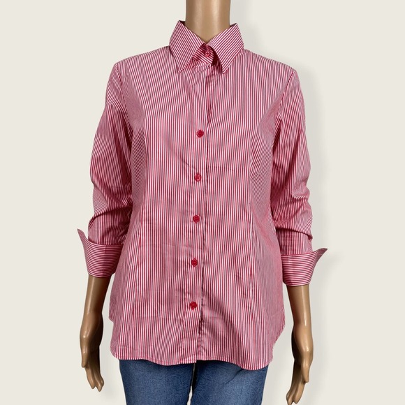 New York & Company Tops - New York & Co Striped 3/4 Sleeve Button Up Blouse Shirt MEDIUM Pink White Ruched